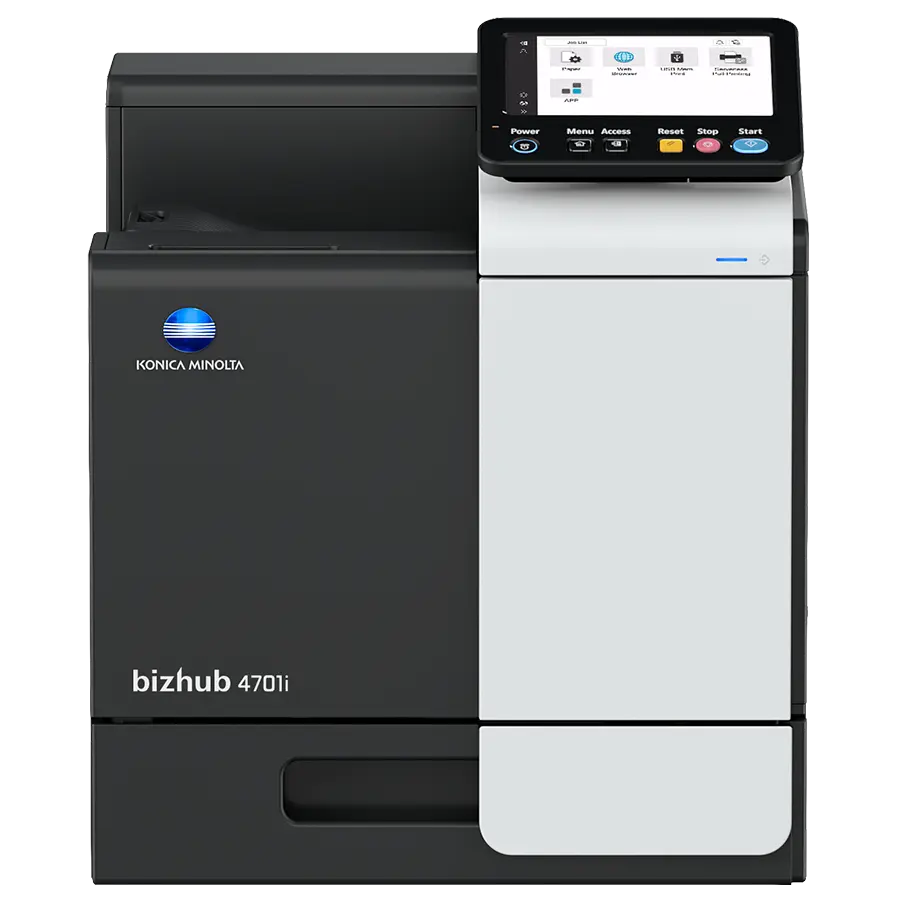 Konica Minolta bizhub 4701i mono printer, front view showing paper trays