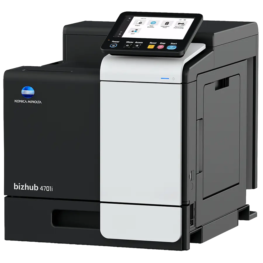 Konica Minolta bizhub 4701i printer showing paper trays and 7 inch touch panel