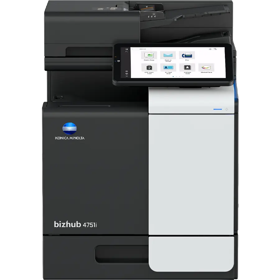 Konica Minolta bizhub 4751i mono copier, front view showing paper trays