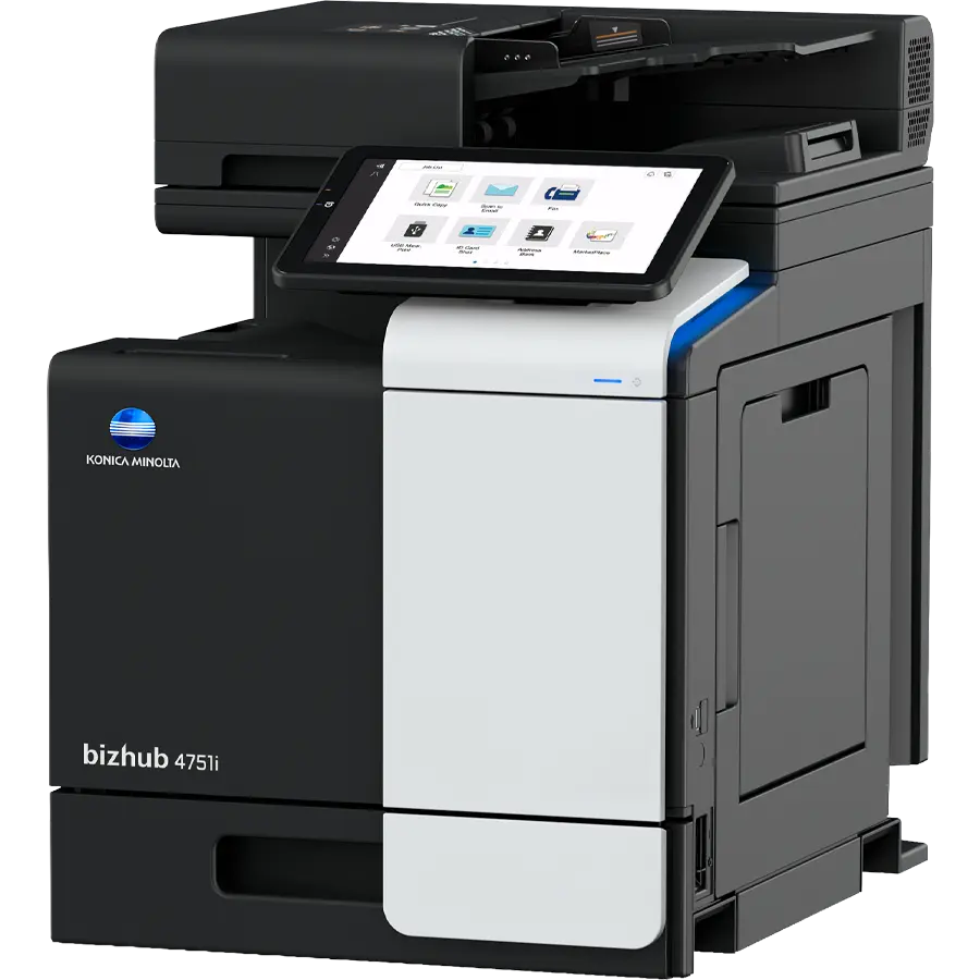 Konica Minolta bizhub 4751i copier showing paper trays and 10.1 inch touch panel