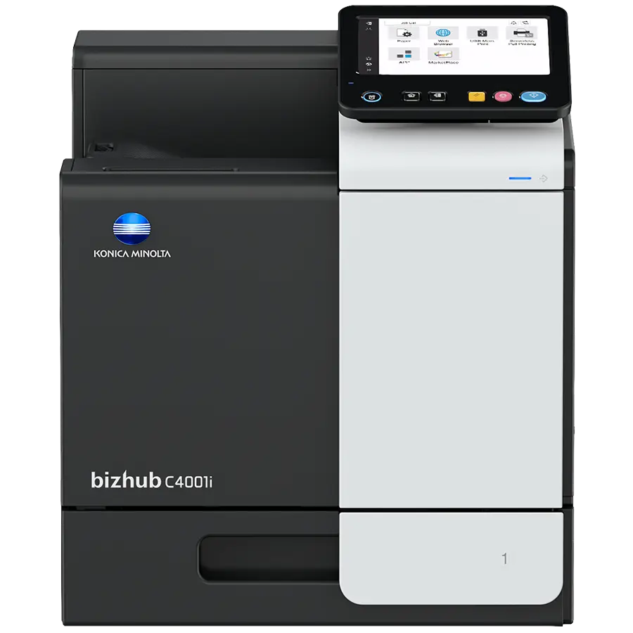 Konica Minolta bizhub C4001i colour printer, front view showing paper trays