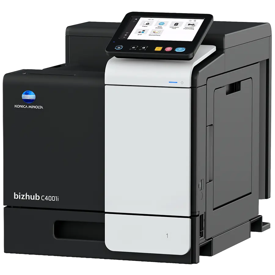 Konica Minolta bizhub C4001i printer showing paper trays and 7 inch touch panel